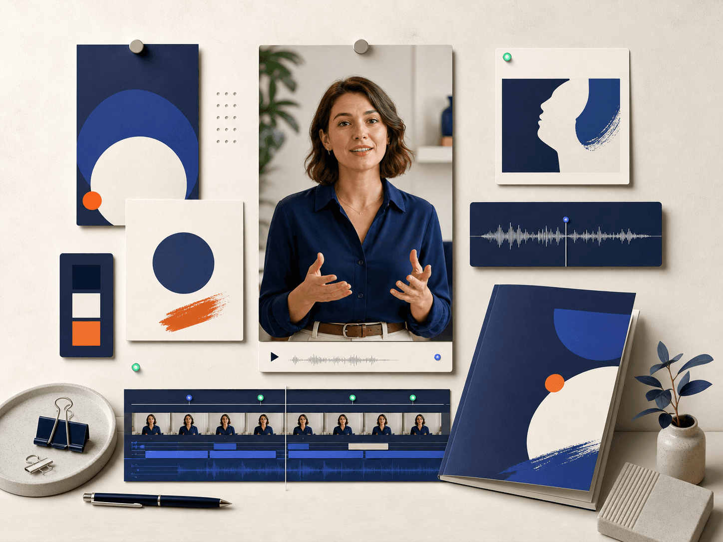 Edited avatar video surrounded by branded graphics and a production timeline