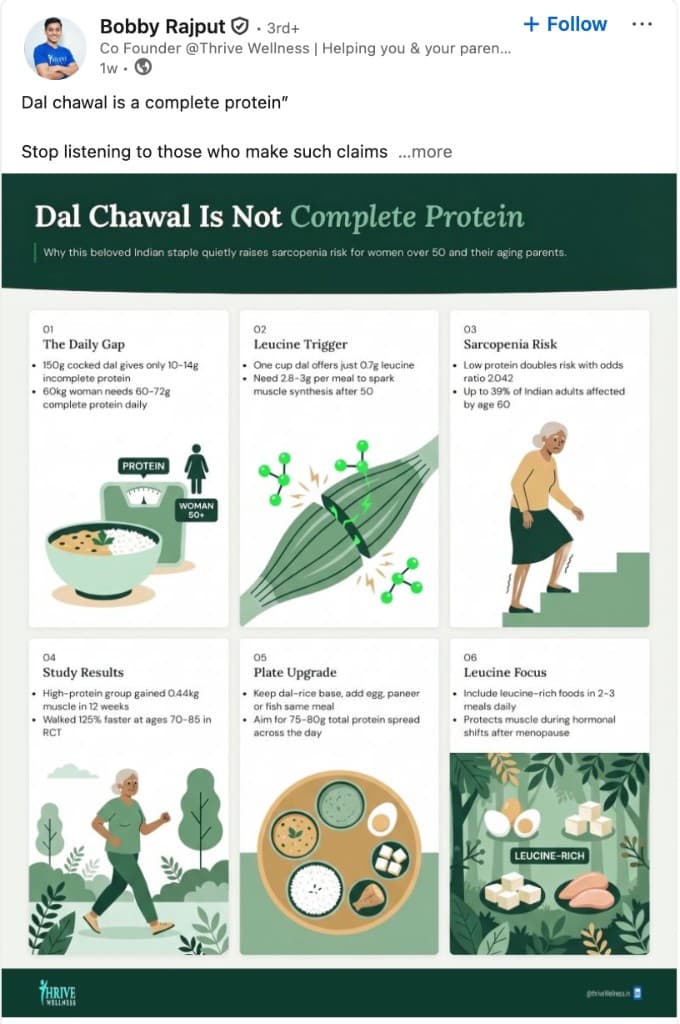 LinkedIn post about dal chawal and complete protein