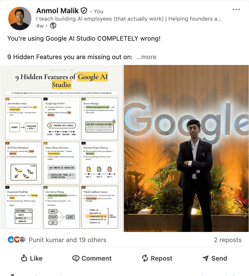LinkedIn post about Google AI Studio hidden features