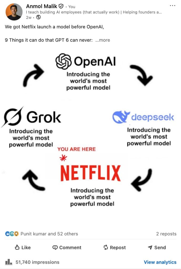 LinkedIn post about Netflix launching a model