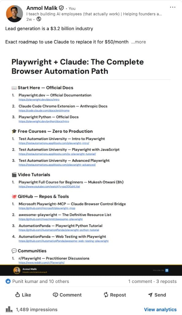 LinkedIn post about Playwright and Claude browser automation path